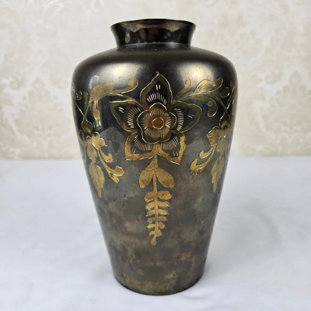 Brass Etched Floral Vase Gold Flowers Vines Leaves Vintage Decor Decoration